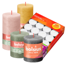 Bolsius rustiek kaarsen 8 of 13 cm
of theelichten 6-uurs doos à 40 stuks